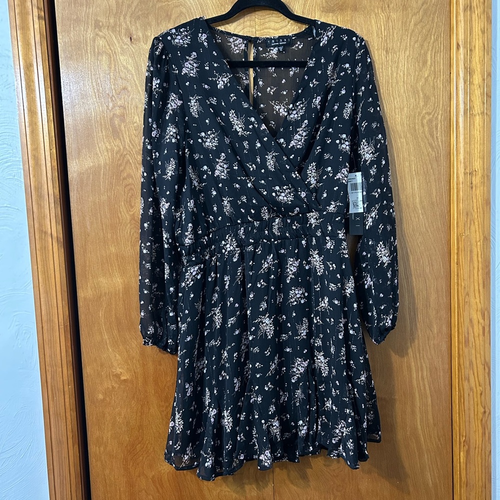 Trixxi Black Long-Sleeve Floral Wrap Dress